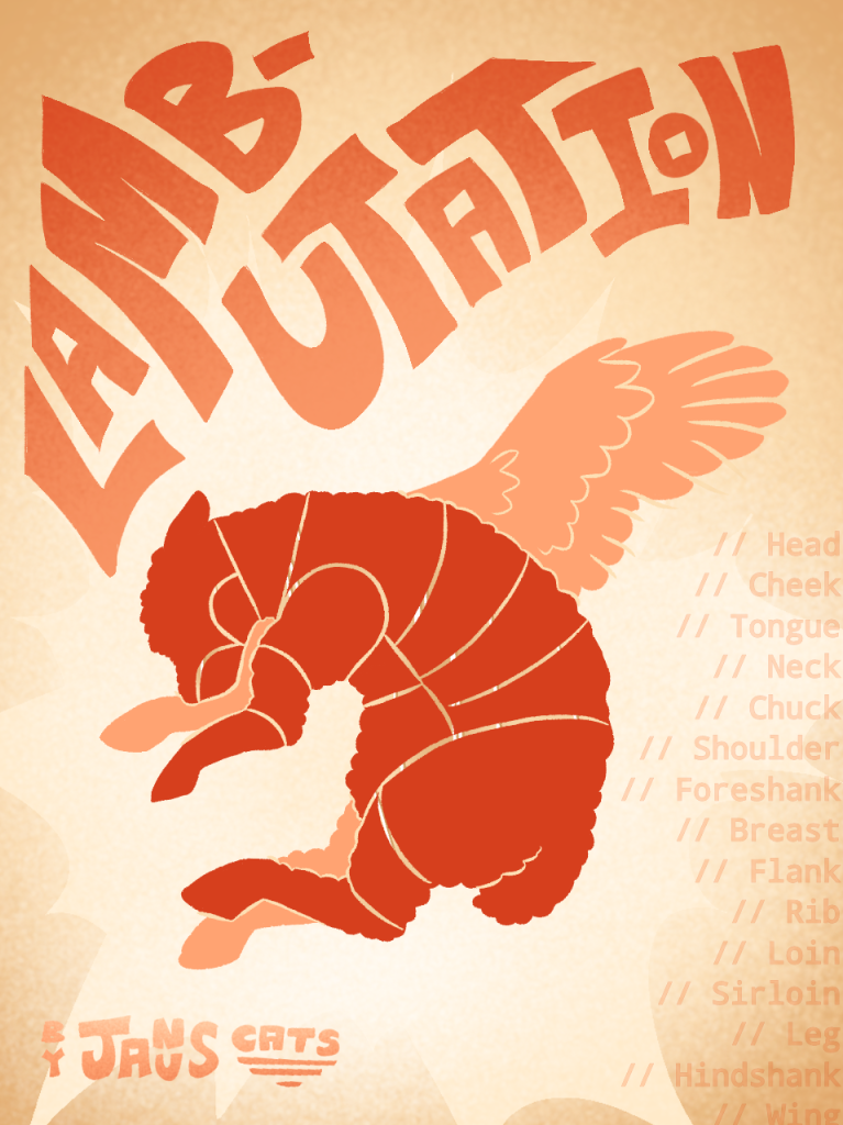 A winged lamb, silhouetted in red over a light orange background. There are golden lines overlaid on it, corresponding to different cuts of meat. The title, LAMBUTATION, stretches overtop of it in orange letters.